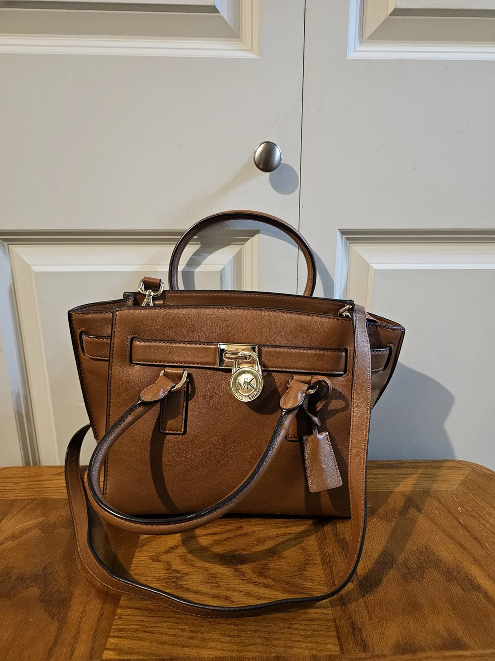 Michael Kors Cognac Leather Satchel with Gold-Tone Lock